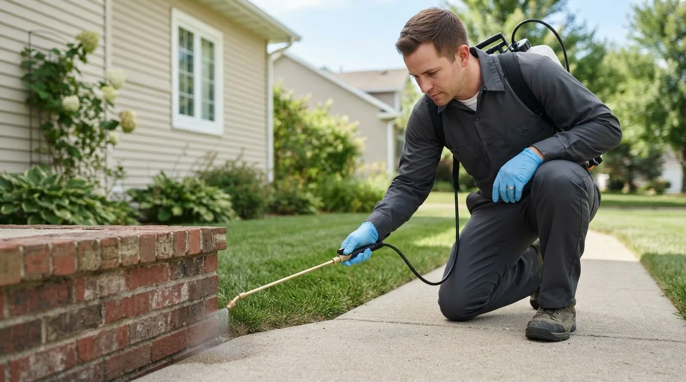 Pest control technician treating a home near Alverda, PA