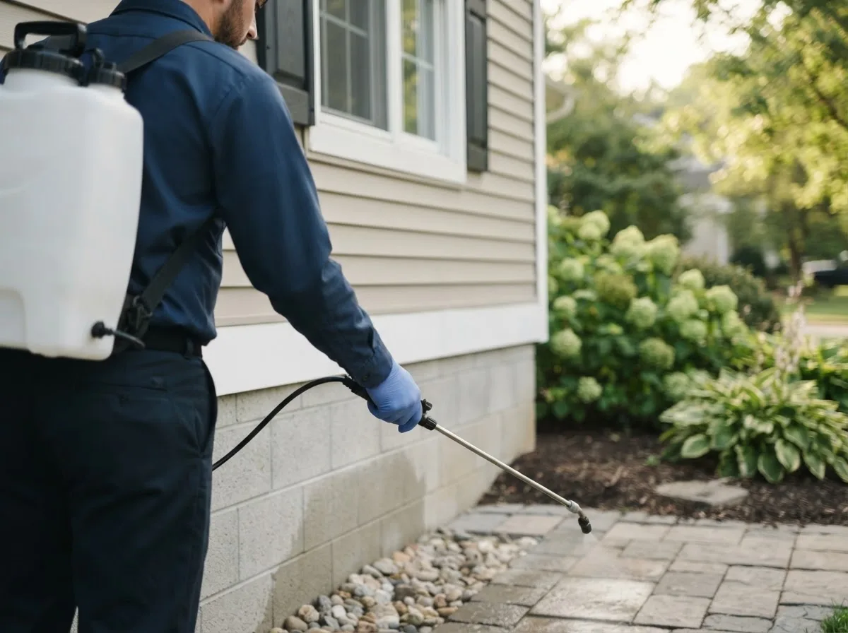 Pest control technician inspecting a home in Alverda, PA